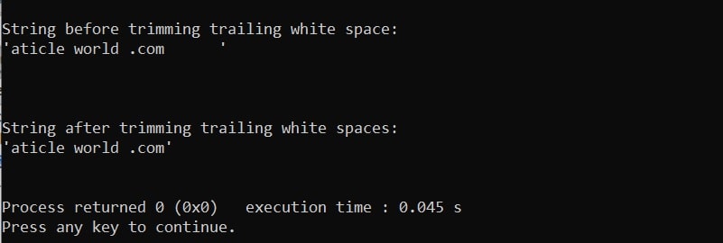 C program to trim trailing white spaces from a string