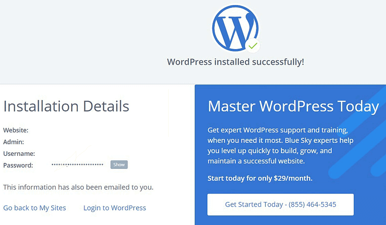 Wordpress installation done with bluehost