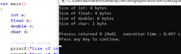 C Program to Find the Size of int float double and char