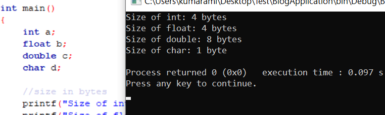 C Program to Find the Size of int, float, double and char