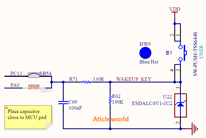STM32 Button LED Bare Metal Programming with Software Debounce. STM32 nucleo Board circuit